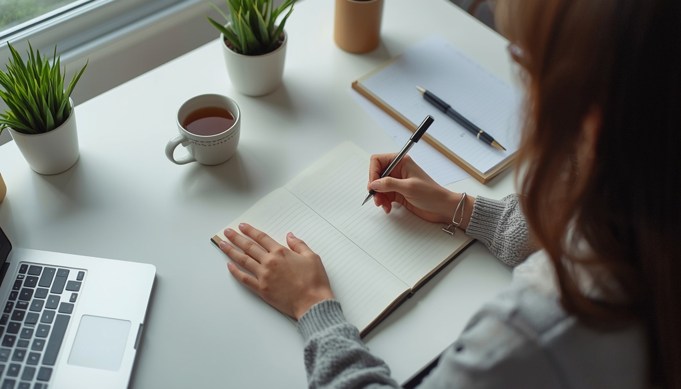 Person sitting at a tidy desk practicing mindful morning planning with a journal and cup of tea